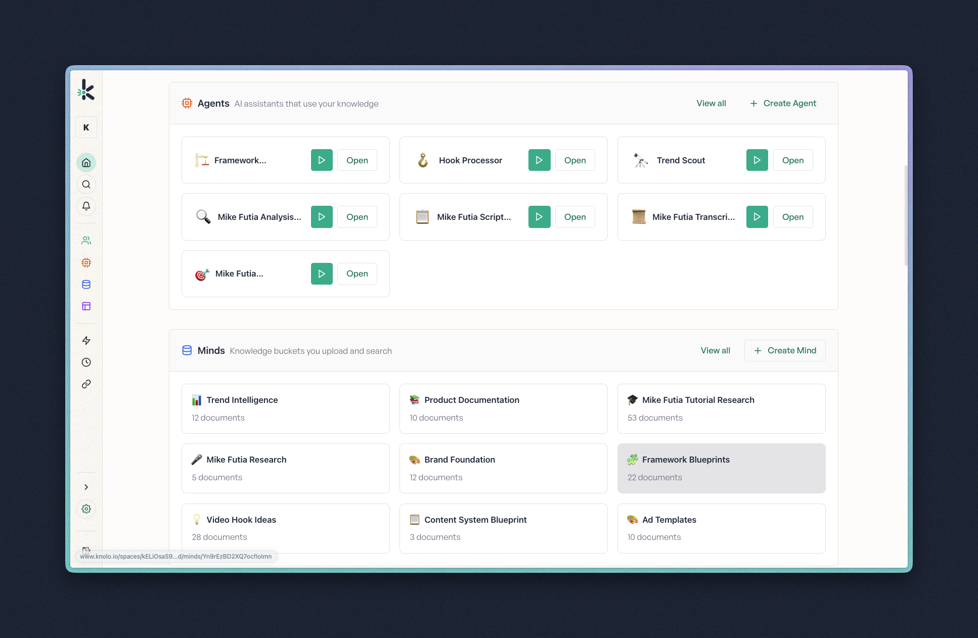 Agency workspace with client table and agent output