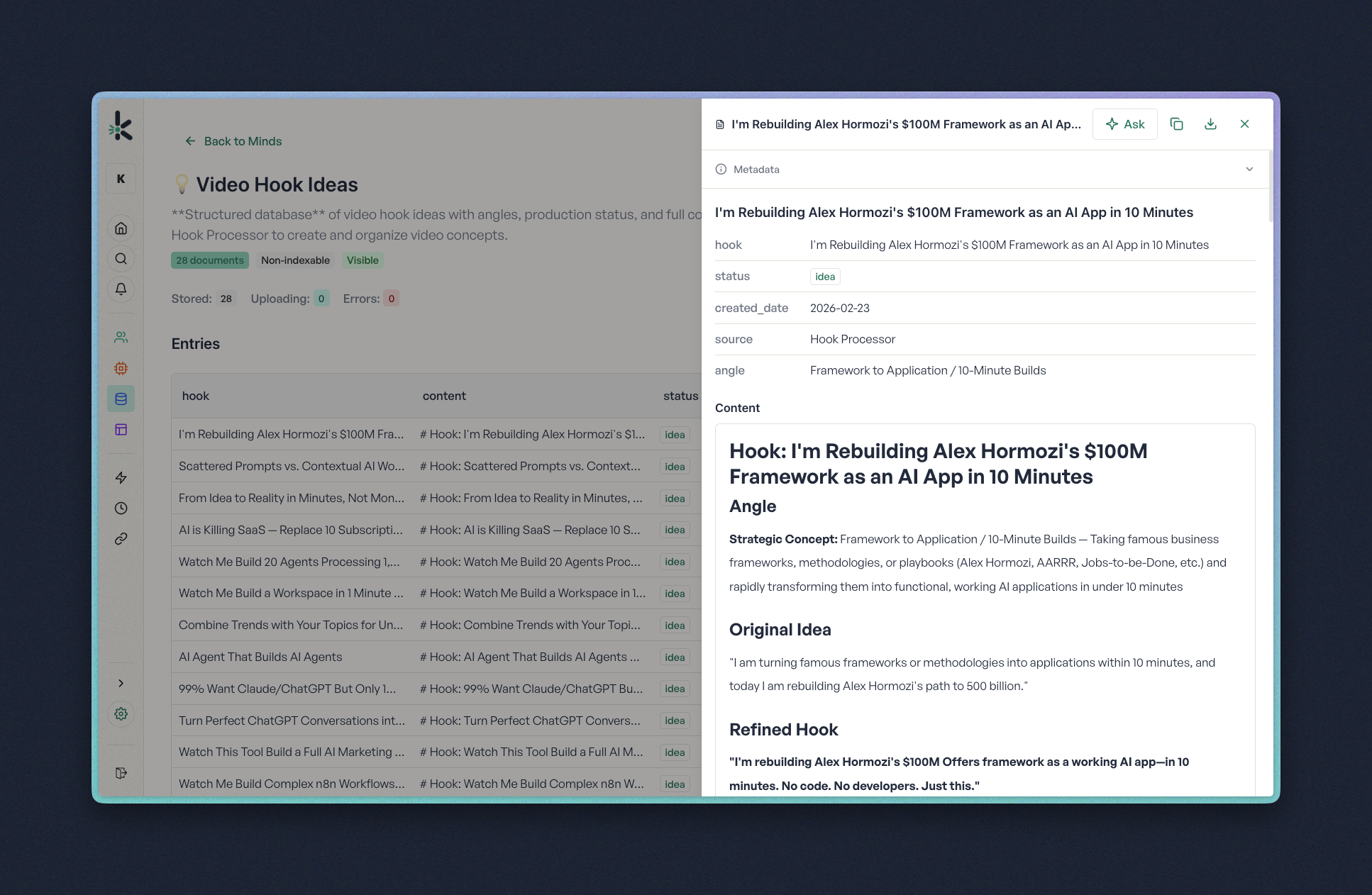 Content creator workspace with transcripts and hook ideas table